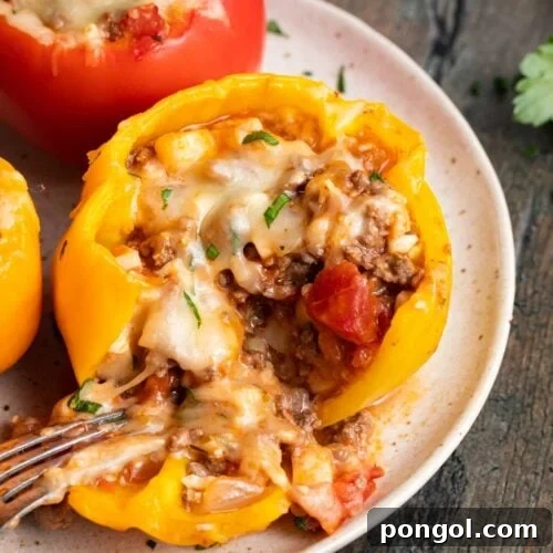 Low Carb Stuffed Peppers 5 keto stuffed peppers on a plate with a fork
