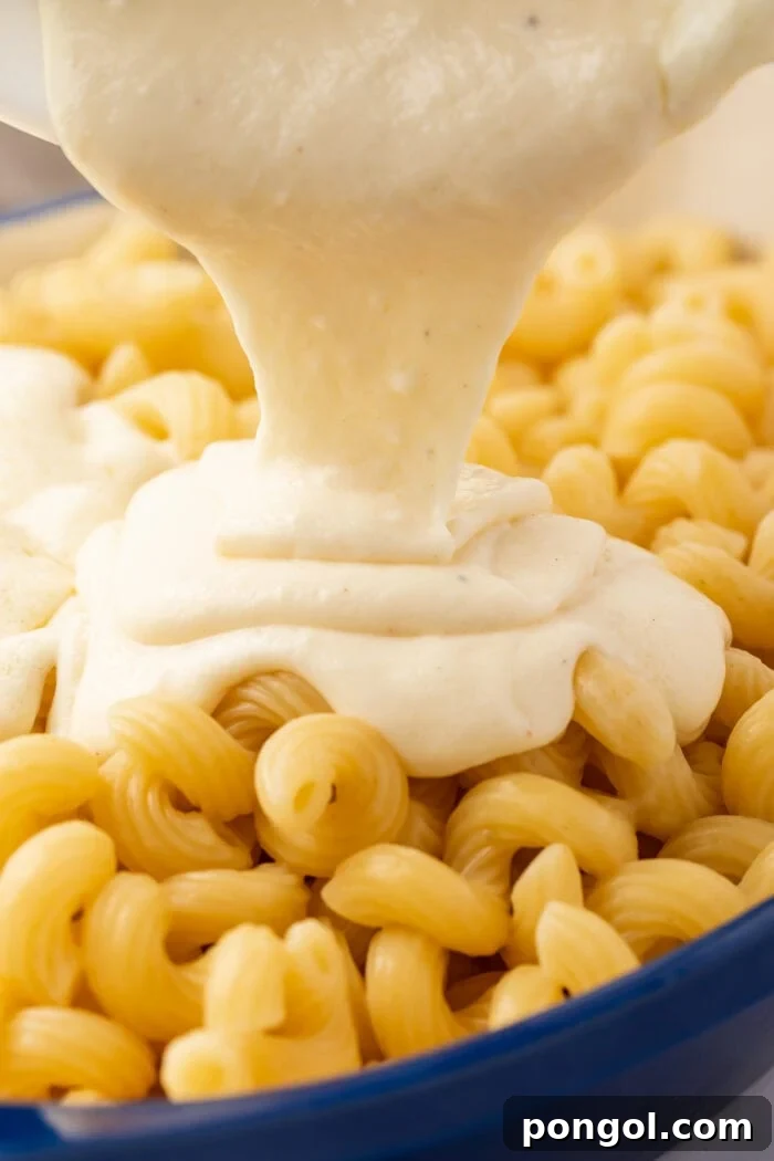 Mornay sauce being poured over a bowl of spiral noodles