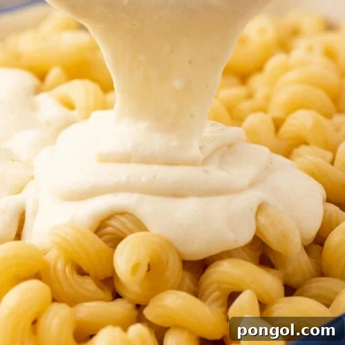 Mornay sauce being poured over a bowl of spiral noodles