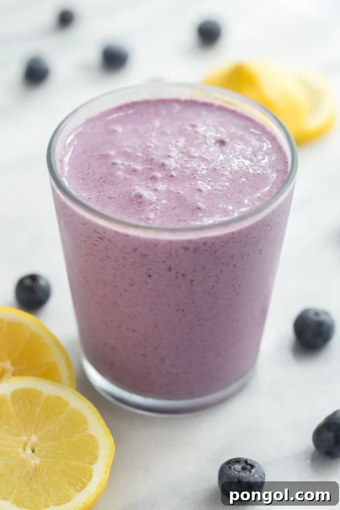 Blueberry Muffin Bliss Smoothie 5 Blueberry Muffin Smoothie in a glass, ready to drink