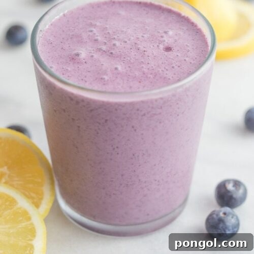 Blueberry Muffin Smoothie in a glass with fresh blueberries