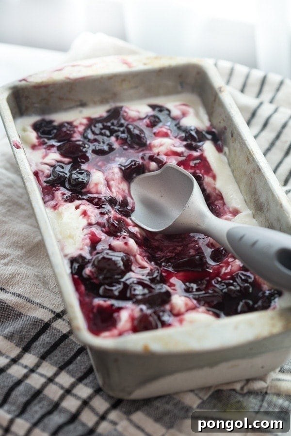 A close-up of the smooth, creamy texture of Jeni's style goat cheese and roasted cherry ice cream.