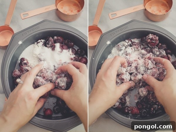 Overhead shot of two scoops of goat cheese and roasted cherry ice cream in a white bowl.