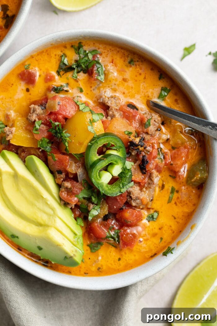 Paleo Creamy Taco Delight 3 close up overhead image of whole30 creamy taco soup in a bowl