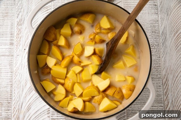 Uncooked potatoes and vegetable broth in dutch oven, ready to be simmered.