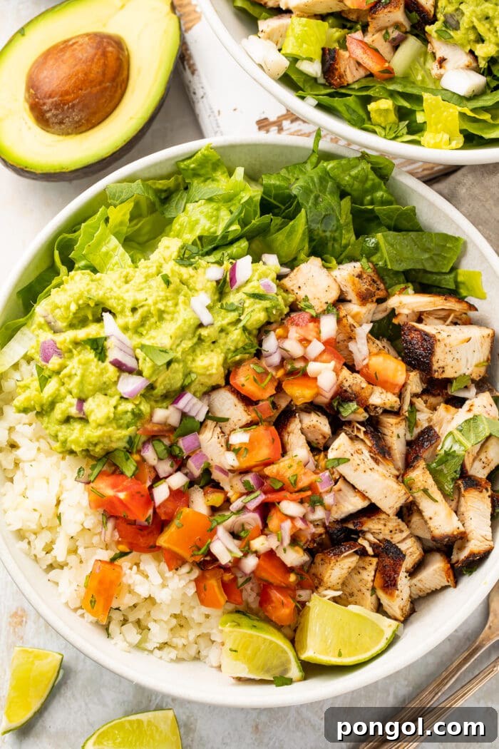 Clean Eating Chicken Burrito Bowls Whole30 Keto Paleo 2 Overhead view of Whole30 chicken burrito bowls