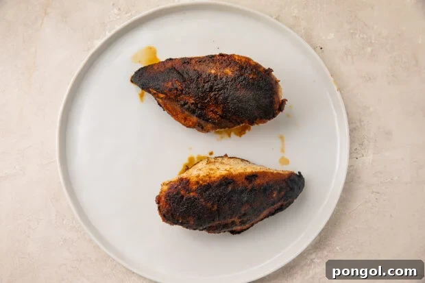 Blackened chicken on white plate