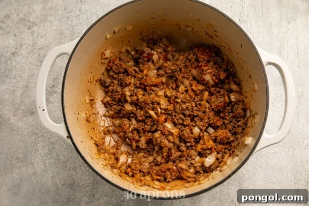 Ground beef, onion, and tomato paste caramelizing in a large pot