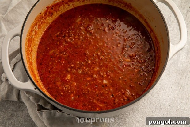 Chicken broth and tomato mixture simmering in a large pot