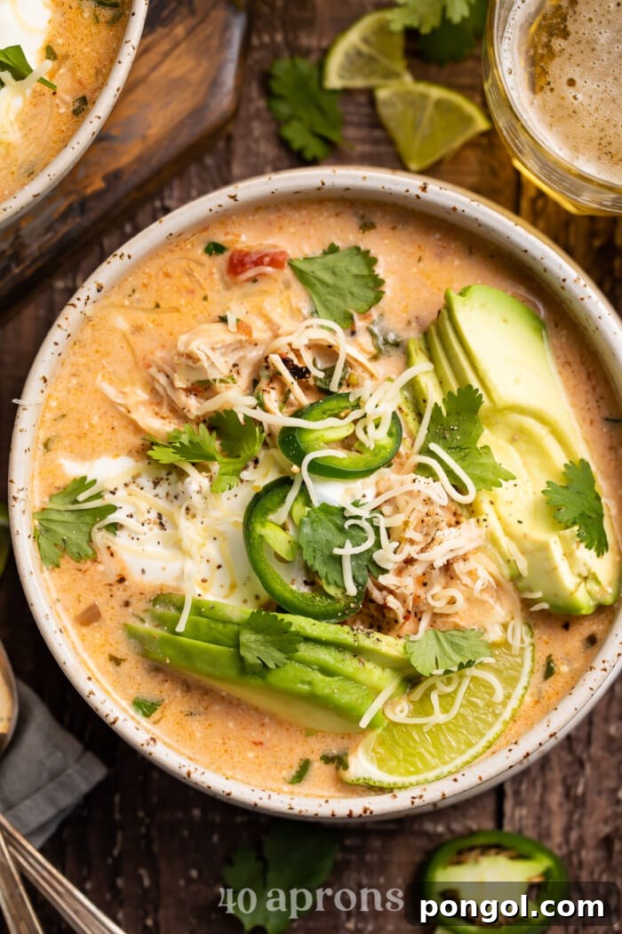 Overhead photo of keto chicken tortilla soup in a rustic bowl, garnished with avocado and cheese