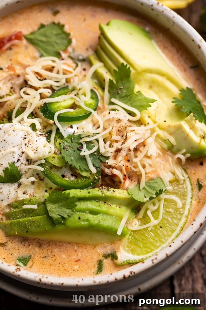 Close up angled photo of keto chicken tortilla soup in a rustic bowl, garnished with avocado and cilantro
