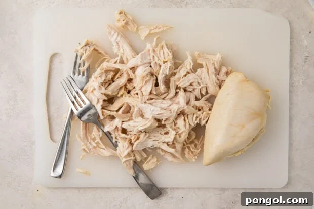 Shredded chicken breasts on a cutting board with 2 forks, next to whole cooked chicken breast