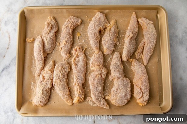 Breaded chicken tenders arranged on a baking sheet lined with parchment paper