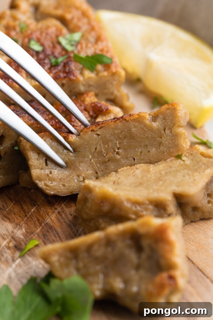 Vegan Seitan Chick'n 3 close up image of sliced seitan chicken