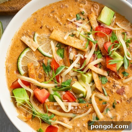 A close-up image of a bowl of delicious keto taco soup, garnished with vibrant fresh toppings.