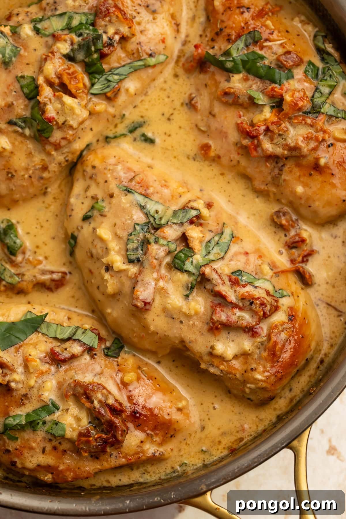 Whole30 marry me chicken in cast iron skillet with creamy coconut sauce, sun-dried tomatoes, and fresh basil.