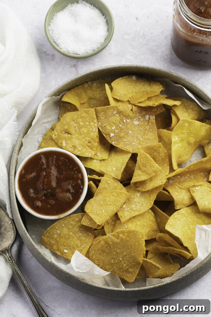 Crispy Air-Fried Tortillas 3 Overhead view of air fryer tortilla chips in a large bowl