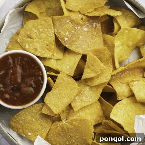 Overhead view of air fryer tortilla chips in a large bowl