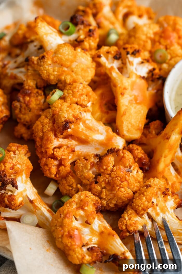 close-up image of air fryer buffalo cauliflower on a plate