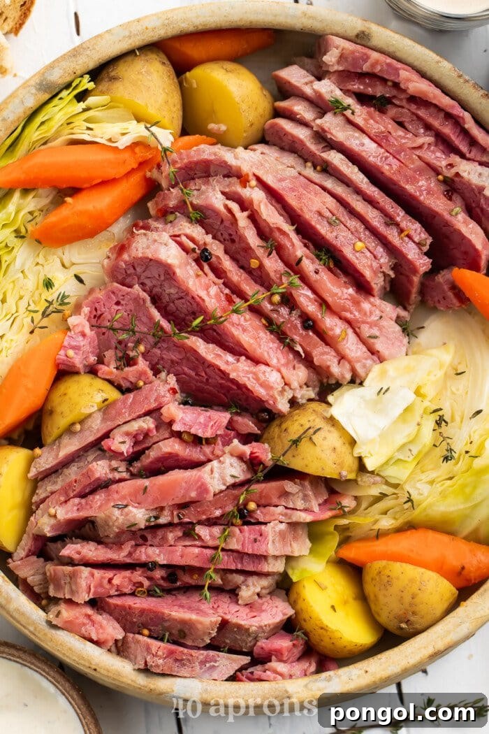 Overhead view of corned beef, cabbage, potatoes, and carrots in a large bowl