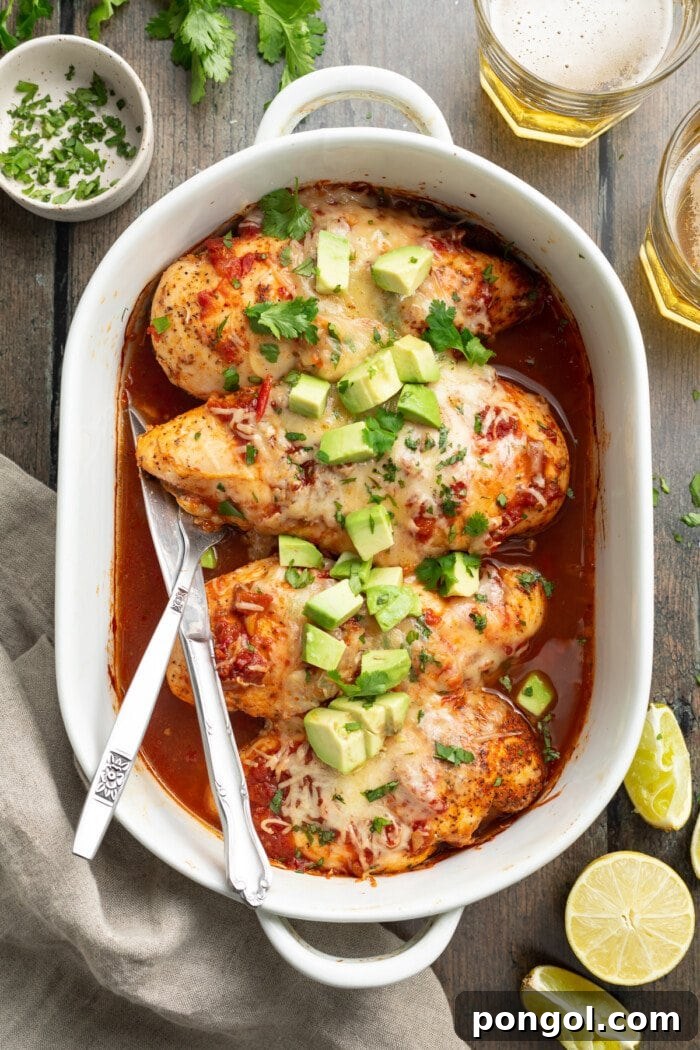 overhead image of salsa chicken in a baking dish with cilantro and avocado on top