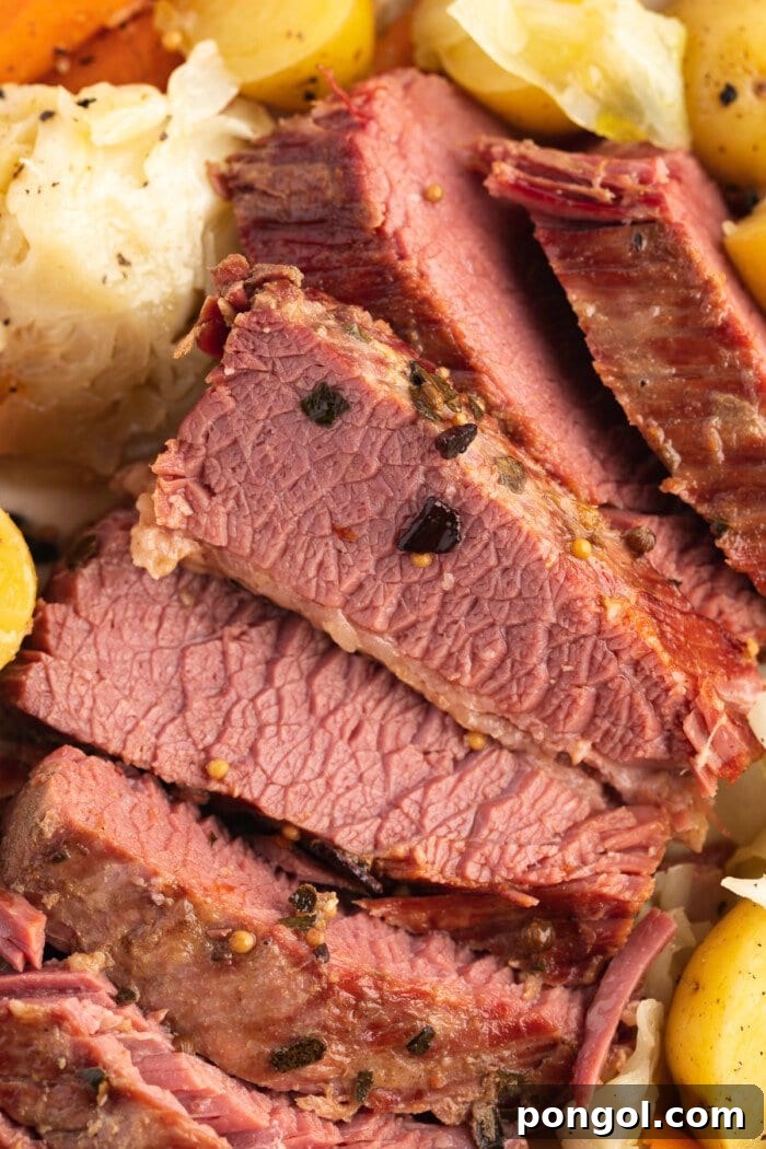 Instant Pot corned beef and cabbage close up, showcasing tender meat and vibrant vegetables