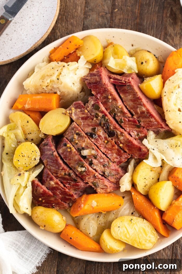 Overhead view of Instant Pot corned beef and cabbage on a round white platter, garnished with fresh herbs