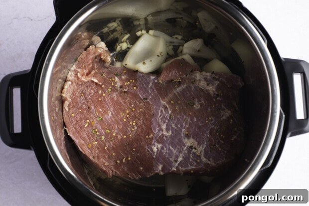 Corned beef brisket in Instant Pot with spices and aromatics