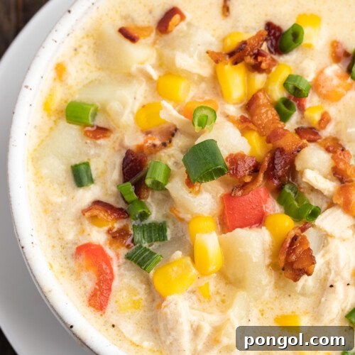 Overhead view of a bowl of chicken corn chowder with tomato and bacon on a wooden table.
