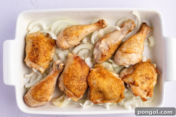 Browned chicken pieces on top of onions in bottom of 9x13 baking dish.