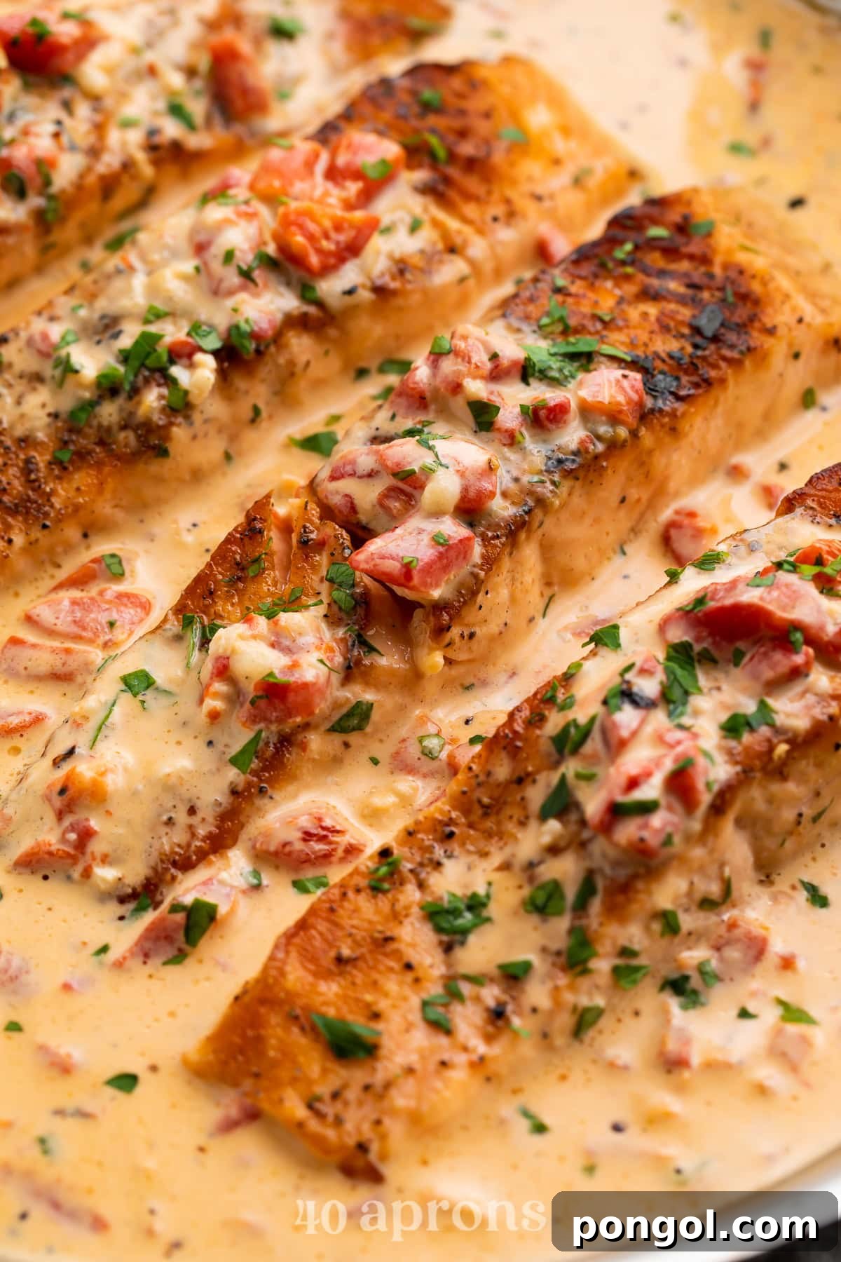Extreme close-up of pan-seared salmon fillet showing crispy golden crust with creamy red pepper parmesan sauce.