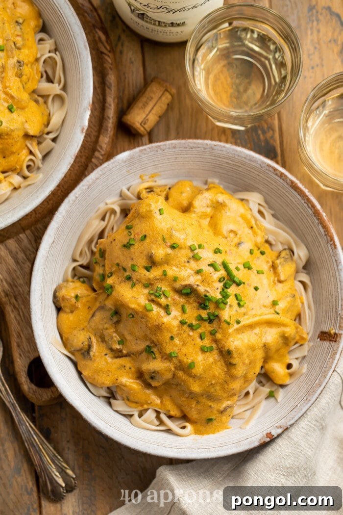 Overhead view of two bowls of Crockpot angel chicken served over a bed of rice on a wooden table, garnished with fresh herbs.