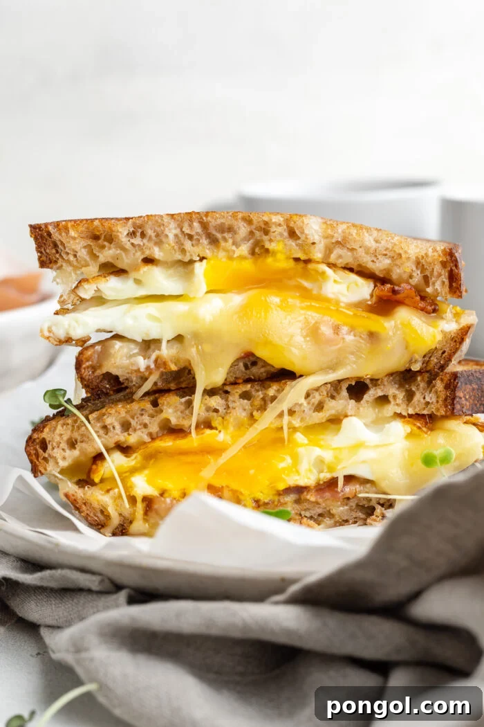 The Ultimate Breakfast Stack 2 Side view of a perfectly fried egg sandwich, cut in half, with one half stacked invitingly on top of the other, showcasing the layers of egg, cheese, and bacon.