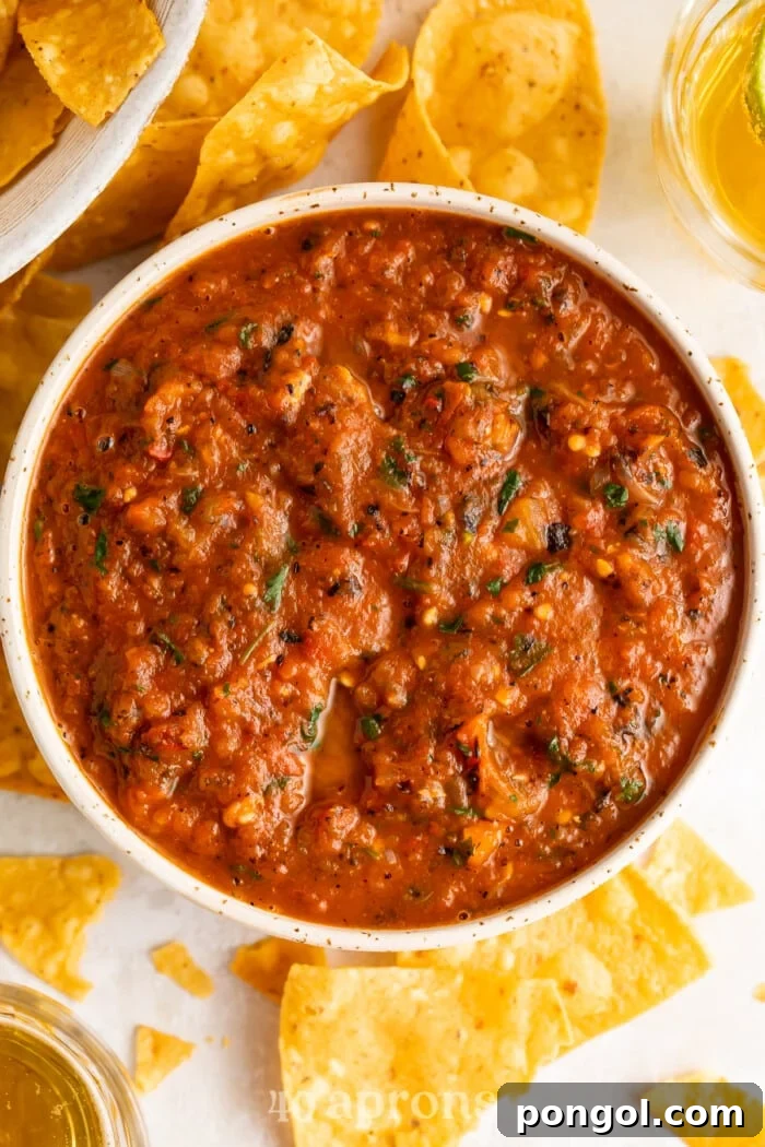 Overhead view of a bowl of red roasted salsa surrounded by tortilla chips.