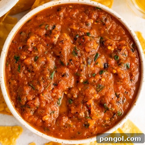 Overhead view of a bowl of red roasted salsa surrounded by tortilla chips.