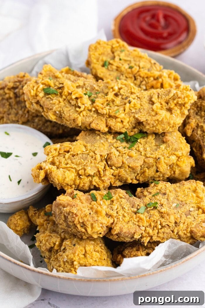 Crispy Seitan Chicken Tenders 2 A pile of vegan seitan fried "chicken" tenders in a white bowl next to a small ramekin of ranch dressing with a small ramekin of ketchup in the background.