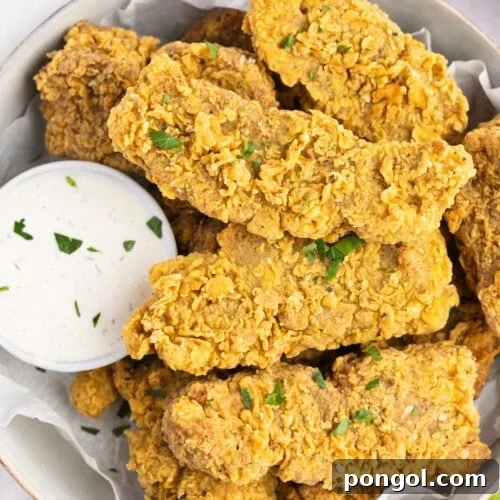 Crispy Seitan Chicken Tenders 4 Overhead view of a bowl of vegan seitan fried "chicken" with a small ramekin of vegan ranch dressing.