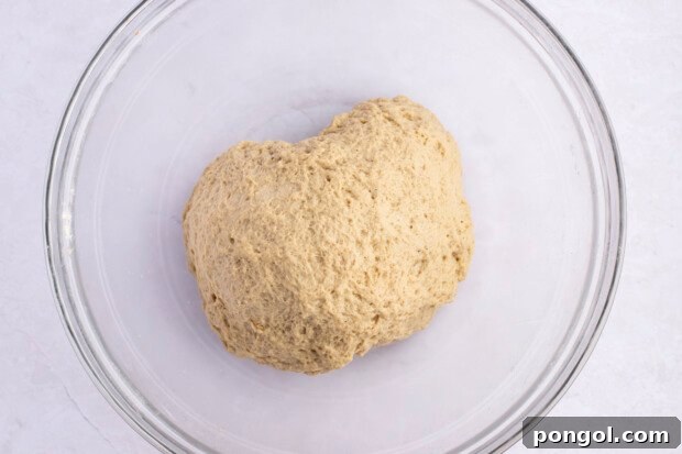 Crispy Seitan Chicken Tenders 8 Kneaded ball of seitan dough for seitan fried "chicken" in a large glass mixing bowl.