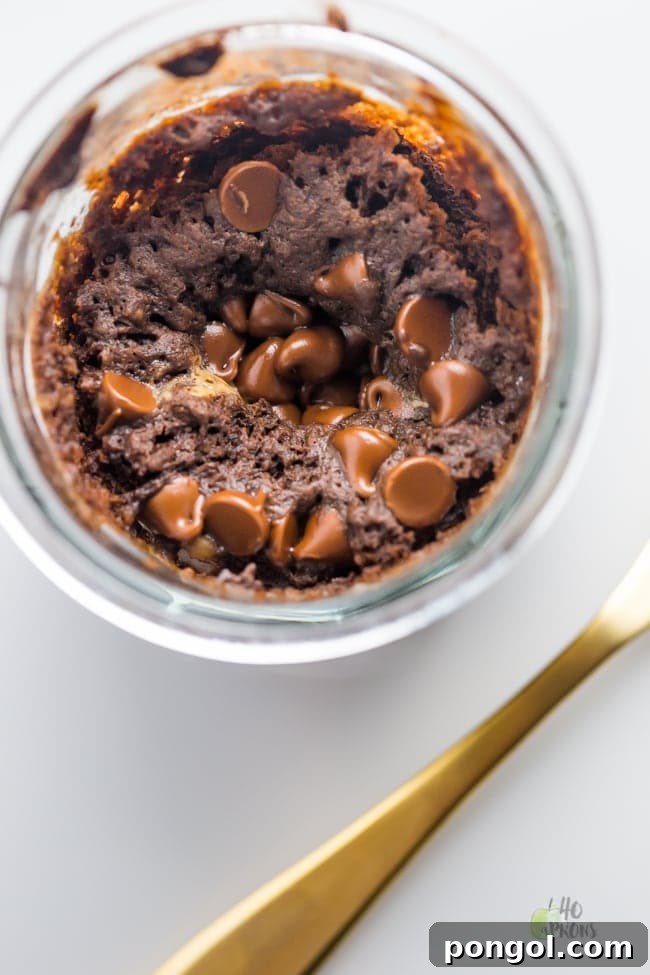 A beautifully plated healthy chocolate peanut butter mug cake, rich and decadent, ready to be enjoyed.