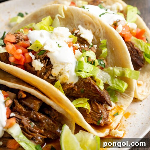 Close-up of shredded beef tacos on a plate surrounded by toppings.