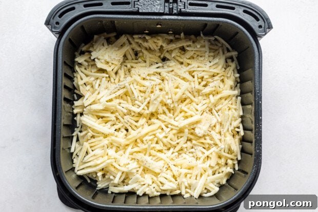 Golden Air Fryer Hashbrowns with Fiery Chipotle Ketchup 6 Overhead view of uncooked frozen hashbrowns in an air fryer basket.