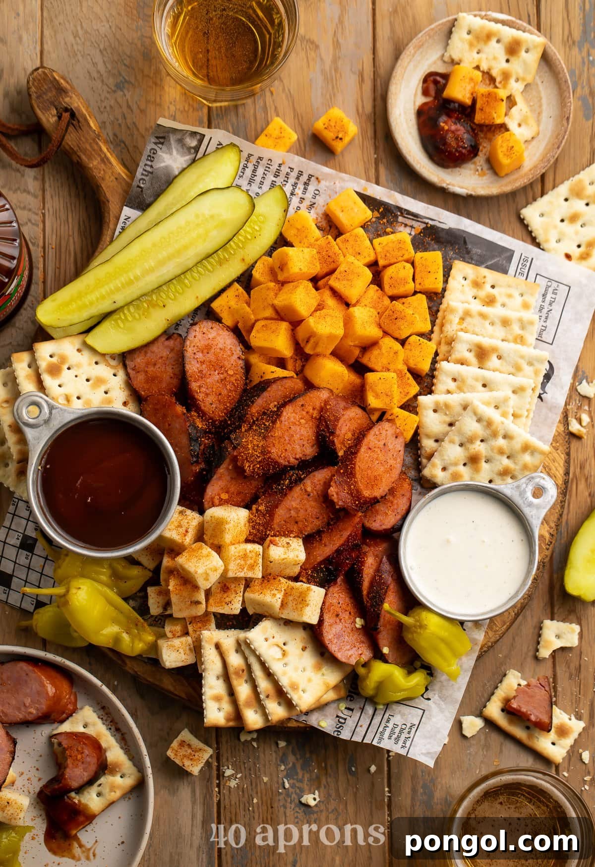 Overhead view of a Memphis-style cheese and sausage plate with pickles and crackers, showcasing grilled smoked sausage, cubed cheese, pepperoncinis, and dipping sauces.
