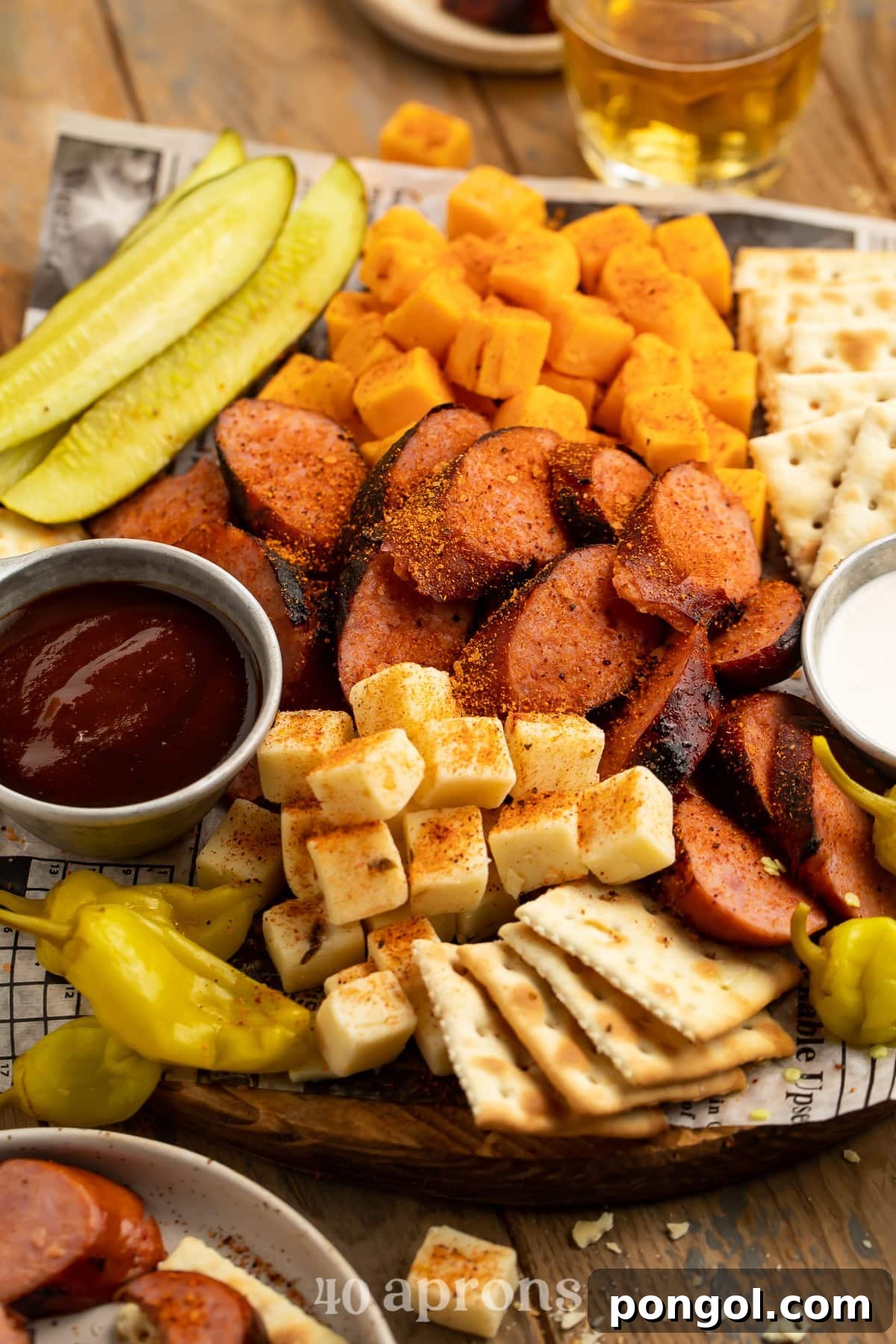 Close-up, overhead view of a Memphis-style cheese and sausage plate with pickles, crackers, ranch, and BBQ sauce on newspaper, highlighting the texture and arrangement.