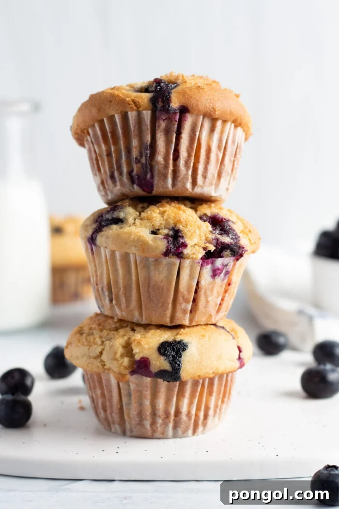 Side view of 3 gluten free blueberry muffins stacked on top of each other with stray blueberries on the counter.
