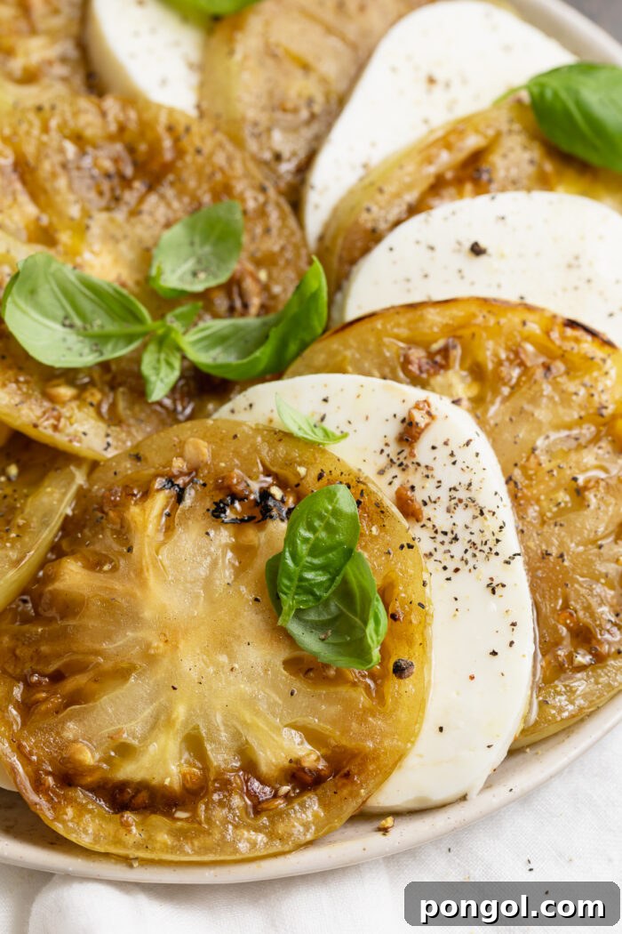 Overhead view of grilled green tomato slices alternating with mozzarella rounds on a plate with fresh basil, ready to serve.