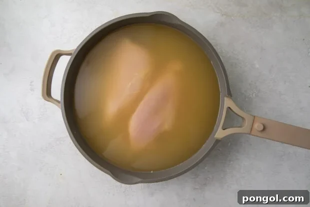 Raw chicken breasts in skillet of water