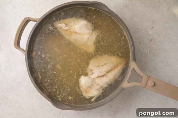 Cooked chicken breasts in skillet with broth