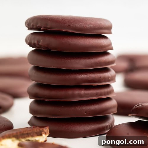 A short stack of vegan thin mints on a table surrounded by other thin mint cookies.