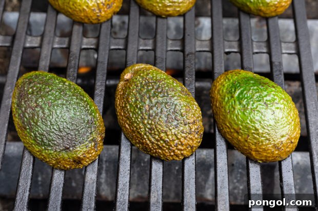 Halved avocados, cut-side down, on grill grates over indirect heat.