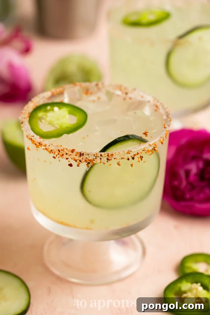 Jalapeño Cucumber Zing Margarita 4 Close-up of a single cucumber jalapeno margarita in a short glass, garnished with delicate cucumber slices and a striking deep fuschia flower, highlighting its vibrant appeal.
